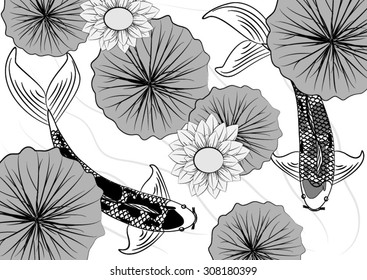 Vector drawing koi and lotus