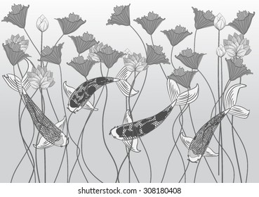 Vector drawing koi and lotus