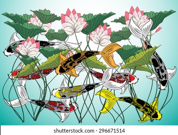 Vector drawing koi, lotus background and text