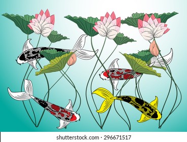 Vector drawing koi, lotus background and text