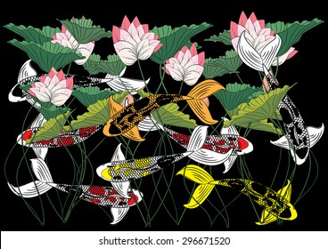 Vector drawing koi, lotus background and text