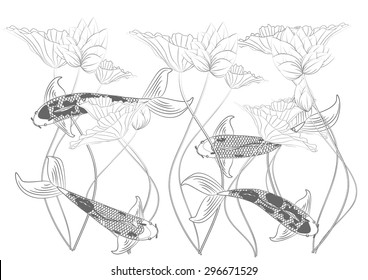 Vector drawing koi, lotus background and text