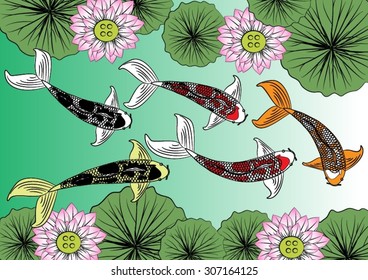 Vector drawing koi and lotus flower for background