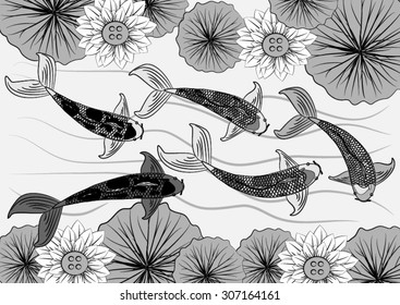 Vector drawing koi and lotus flower for background