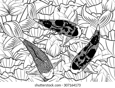 Vector drawing koi and lotus flower for background