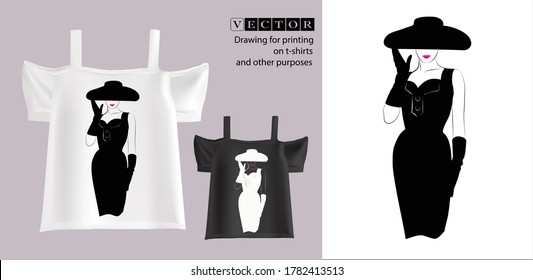 
Vector drawing of a lady in a hat. Isolated sketch of a female silhouette.