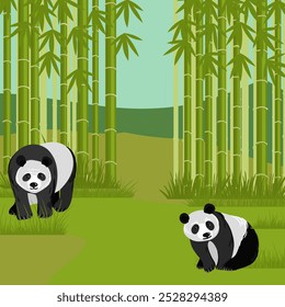 paisagem de desenho vetorial com floresta verde de bambu e ursos panda, animais de desenho animado, ilustração desenhada à mão