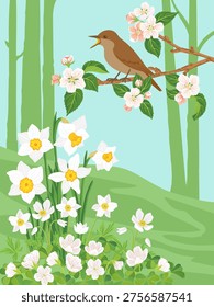 vector drawing landscape with bird, thrush nightingale at spring flowering apple tree branch with pink blossoms and narcissus flowers, ,hand drawn illustration