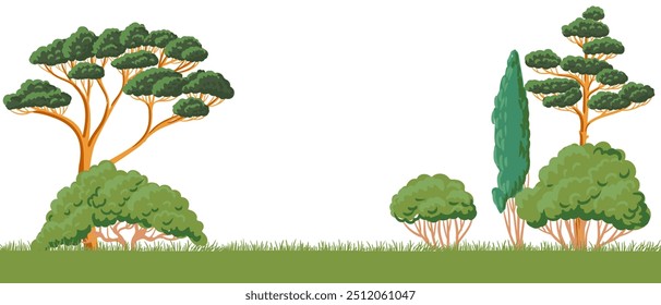 vetor desenho paisagem com árvores caducifólias e coníferas e arbustos com folhagem verde em fundo branco, desenhado à mão ilustração