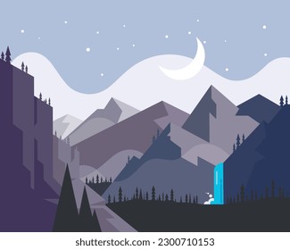 vector drawing landscape. flat drawing view of the evening forest and mountains