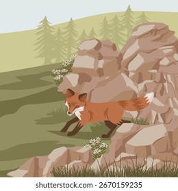 Vektorgrafik Landschaft mit Fuchs und Felsen, Wald und Berge, handgezeichnet