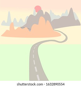 Vector drawing landscape of mountains, wide grassland, roads and sunset.