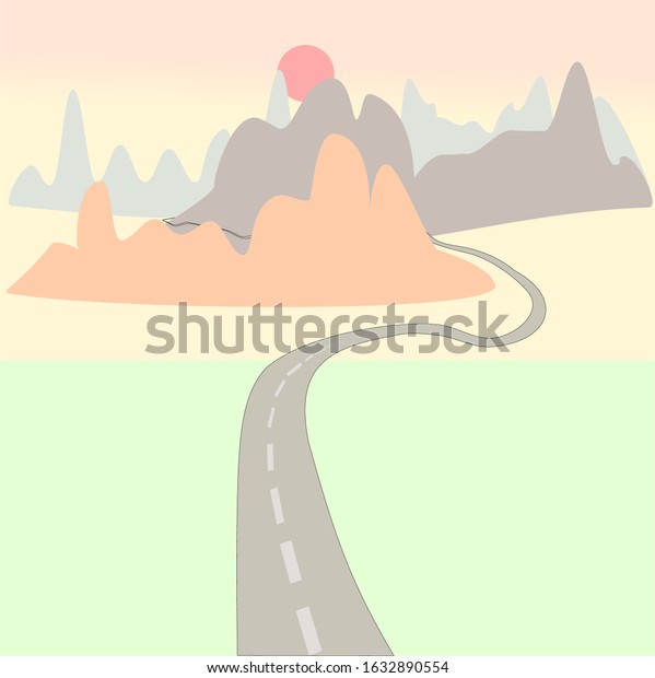 Vector drawing landscape of mountains, wide\
grassland, roads and\
sunset.
