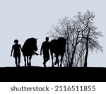 vector drawing of a landscape with people on a trip to nature with horses