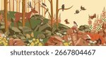 vector drawing landscape with pine trees, animals, birds and rocks, forest and mountains, hand drawn illustration