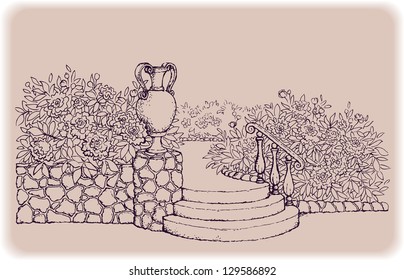 Vector drawing. Landscape sketch the steps, surrounded by flowers in the park