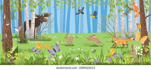 vector drawing landscape with spring forest, trees, wild animals and birds, insects and plants, wimmelbook, page of hidden picture book, natural background, hand drawn illustration