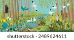 vector drawing landscape with summer river, forest with trees, wild animals and birds, insects and plants, wimmelbook, page of hidden picture book, natural background, hand drawn illustration