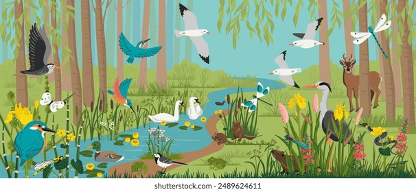 vector drawing landscape with summer river, forest with trees, wild animals and birds, insects and plants, wimmelbook, page of hidden picture book, natural background, hand drawn illustration