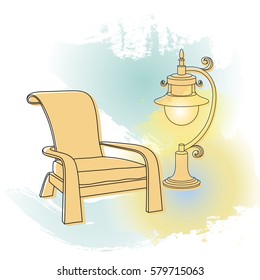 Vector drawing. A lantern near the chair.  Outlines lamp and armchair.