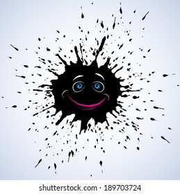 Vector drawing of large blot and black spray. Comic smiling face.