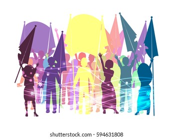 Vector drawing large crowds to flaghits a rally for the rights. illustration. use a smart phone, website, printing, decorating etc ...
