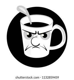 Vector drawing, a large mug with tea or coffee and a spoon sticking out of it. With emotion the face of sadness, anger. Color white and black.