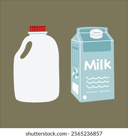 A vector drawing of a large plastic canister and a large milk carton