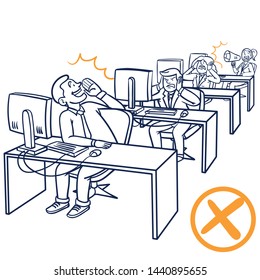 Vector drawing of a large room office talking loudly. unpleasant volume annoys colleagues and employees. comic, outline, office, rules, writing, noise.