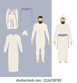 Vector drawing of the lay priest. An Israeli Jew in authentic traditional priestly clothing: bonnet, trousers, plaid shirt, sash. Shearing and dressing game. of work in the Temple in Jerusalem