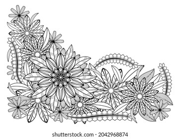 Vector drawing of leaves and flowers for adult coloring books. Doodle ornament in black and white. Hand draw vector illustration.