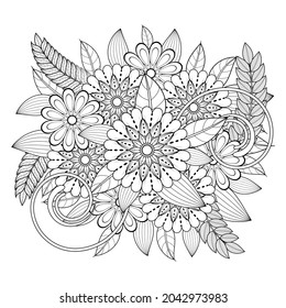 Vector drawing of leaves and flowers for adult coloring books. Doodle ornament in black and white. Hand draw vector illustration.
