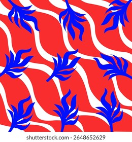 Vector drawing of leaves, free style, blue, red, waves, beauty, gift wrapping, bright wallpaper