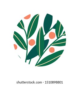 Vector drawing with leaves. Simple illustration with red berries. Eco friendly related image. Perfect for tote bags, logos, cards