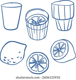 Vector drawing of lemons and glasses with lemon water