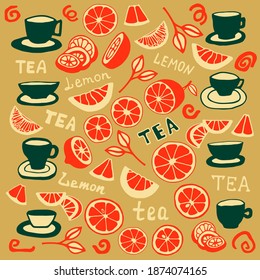 Vector drawing of lemons, lemon slices and mugs with tea. The drawing is made in a doodle style.
