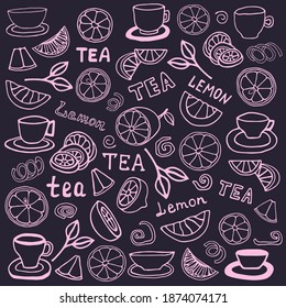 Vector drawing of lemons, lemon slices and mugs with tea. The drawing is made in a doodle style.
