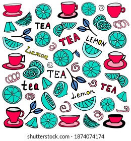 Vector drawing of lemons, lemon slices and mugs with tea. The drawing is made in a doodle style.
