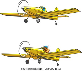 vector drawing of light aircraft. character controls the plane. bull pilot. Air tractor