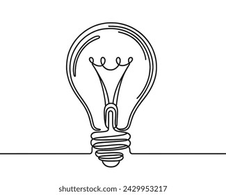 Vector drawing of a light bulb, one line, on a white background.