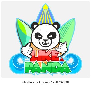 Vector drawing like a Panda, with surfboards at the back, great summer design, suitable for surf schools, bars or clubs.