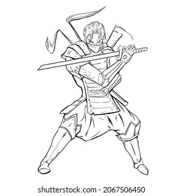 dibujo vectorial de una silueta lineal de un samurai con una cuchilla afilada en sus manos. El ninja está vestido con armadura y tiene una máscara en la cara. sostiene una katana en una postura de lucha por una huelga. 2.º arte