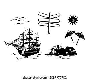 vector drawing and lines of beach and vacation, wooden location board, waves, parasol, island, sun and pirate boat