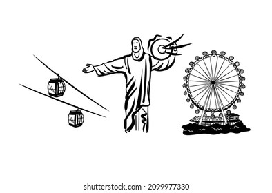 Vector Drawing And Lines Of Cable Car, Statue Of Christ, Ferris Wheel Referring To The City Of Balneário Camboriú, State Of Santa Catarina, Brazil
