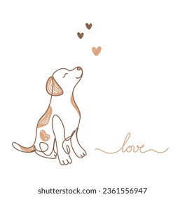 vector drawing in lines of caramel colored dog looking up with heart and text love