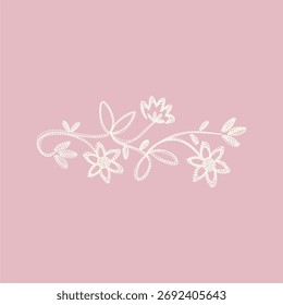 Dibujo de Vector en líneas imitando el bordado de ramas, hojas y flores en líneas punteadas en fondo blanco y rosa claro