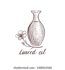 vector drawing linseed oil, bottle of flax seed oil and ,hand drawn illustration