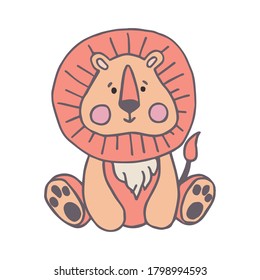 Vector drawing of a lion in a cartoon style. Cute animal isolated on white background. The little animal in the children's style. Can be used for design of t-shirts, posters and Baby Shower party. 