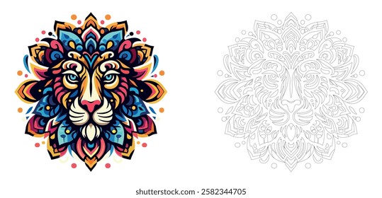 Vector drawing of an lion in mandala style for coloring book, vector illustrations for adults. Anti-stress coloring for adults. Lion in two versions, colored and black and white.
