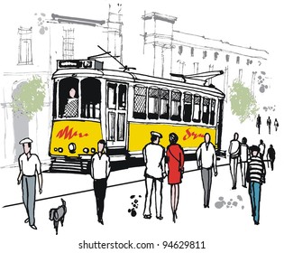 Vector drawing of Lisbon tram with pedestrians, Portugal.